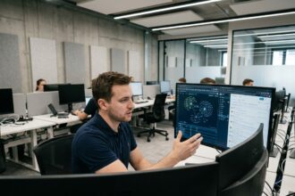 Technicien MSP supervisant plusieurs écrans de monitoring réseau dans un centre opérationnel moderne