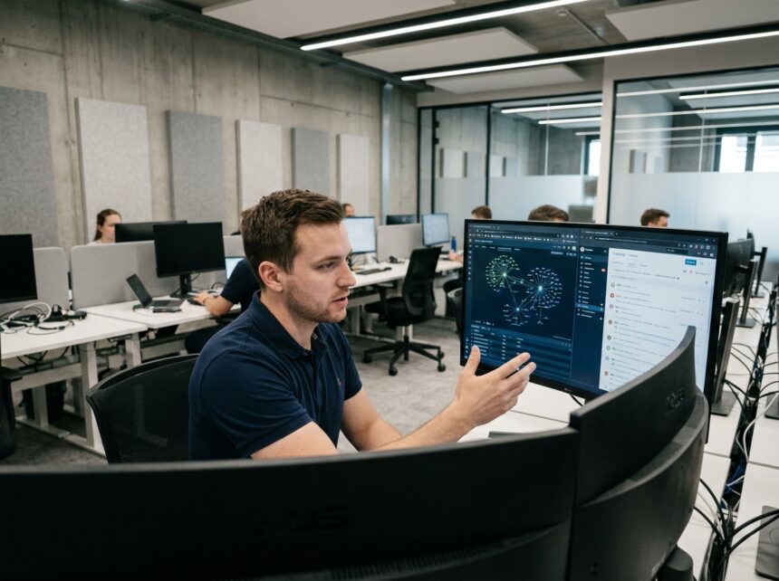 Technicien MSP supervisant plusieurs écrans de monitoring réseau dans un centre opérationnel moderne