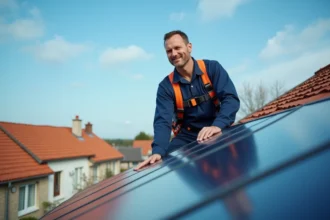 Technicien en uniforme inspectant une installation de panneaux solaires sur le toit d'une maison individuelle