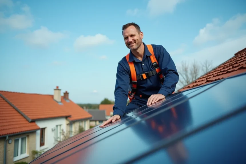 Technicien en uniforme inspectant une installation de panneaux solaires sur le toit d'une maison individuelle