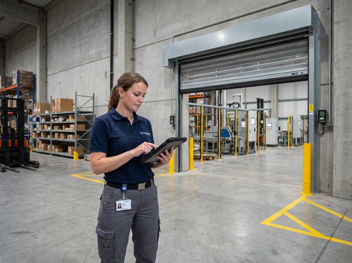 Technicienne utilisant une tablette pour ouvrir une porte