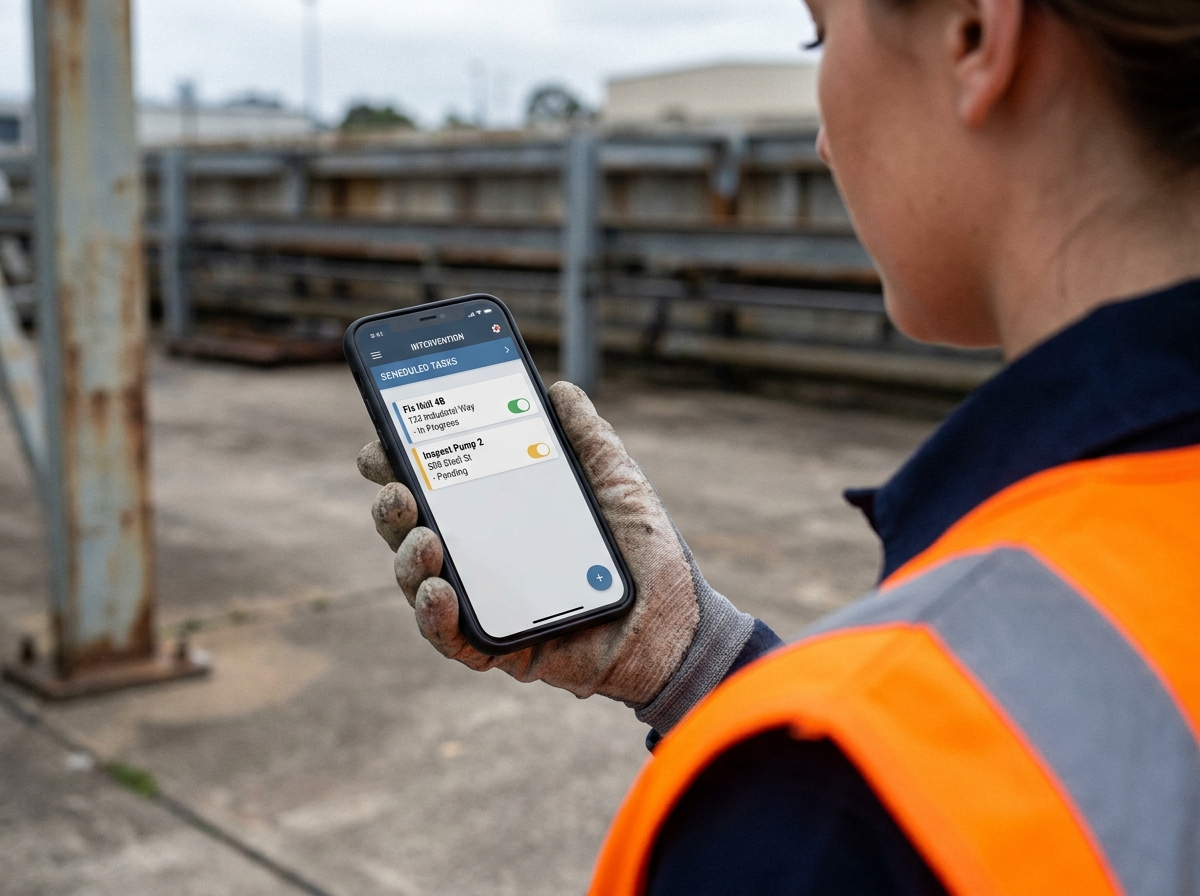 Technicienne consultant une application mobile de gestion des interventions sur smartphone en milieu industriel