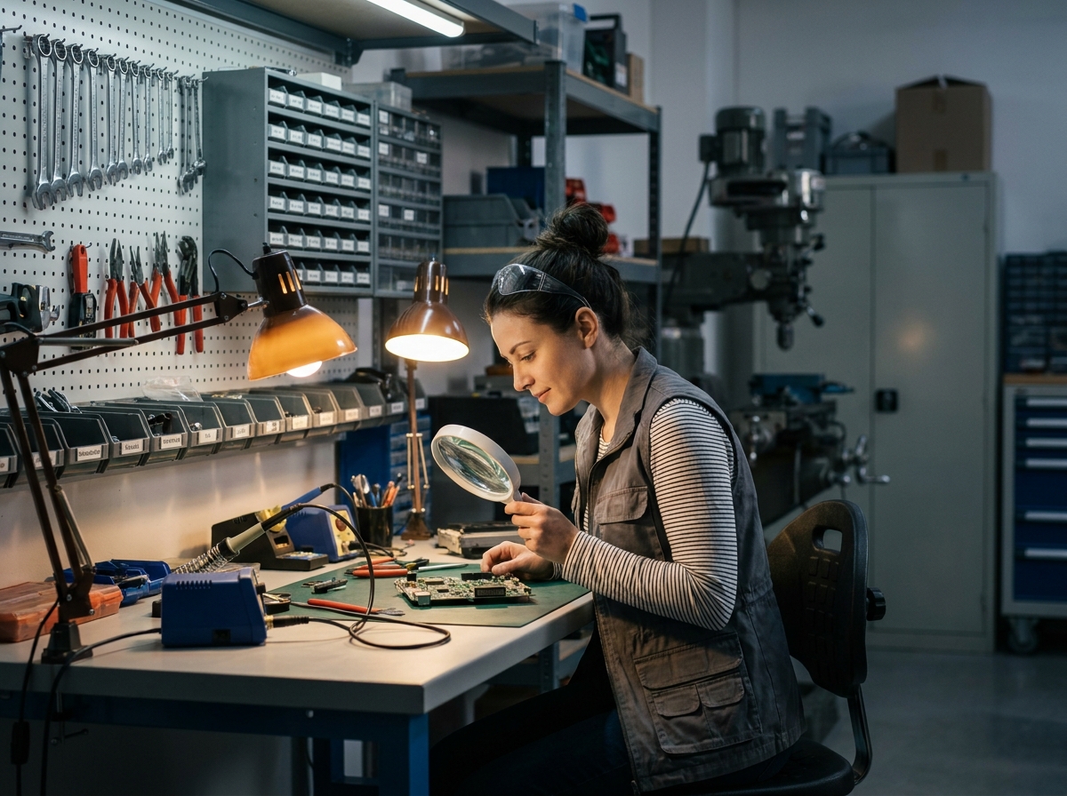 Femme technicienne travaillant la nuit sur un établi bien éclairé dans un atelier industriel, sans signe de fatigue