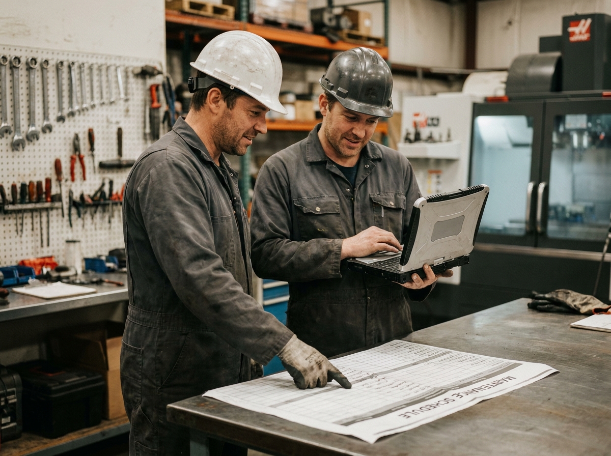 Deux techniciens en atelier planifiant ensemble un programme de maintenance préventive pour les équipements automatisés