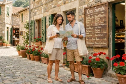 Couple de touristes perplexes devant un restaurant traditionnel corse en pierre, cherchant une alternative à McDonald's en Corse