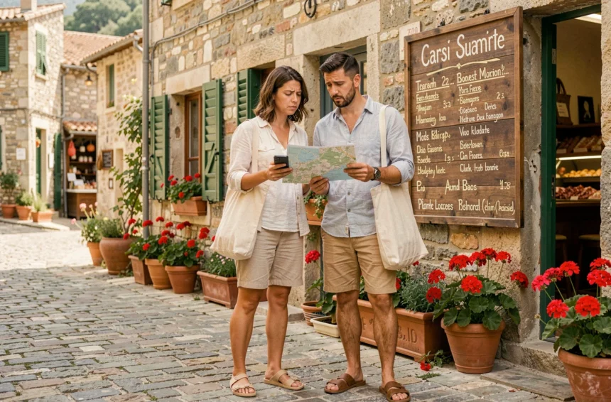 Couple de touristes perplexes devant un restaurant traditionnel corse en pierre, cherchant une alternative à McDonald's en Corse
