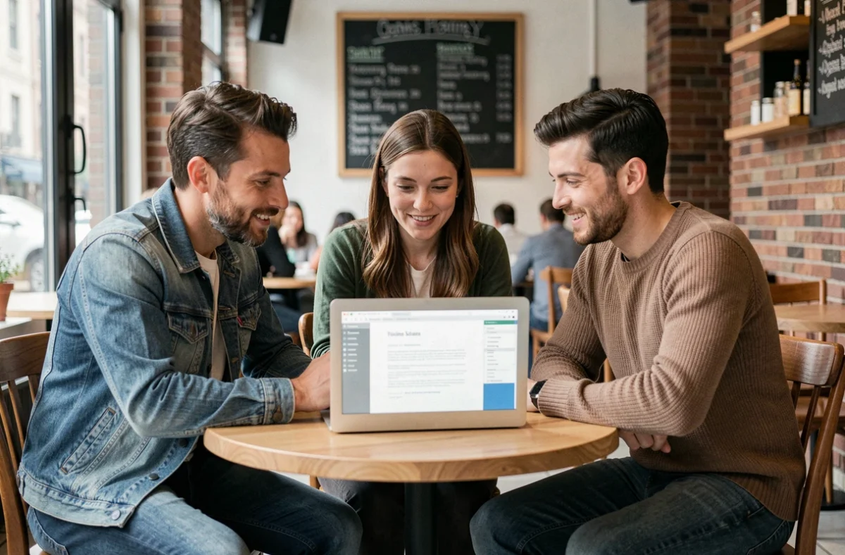 Groupe de travailleurs indépendants en portage salarial échangeant sur leurs droits dans un café urbain