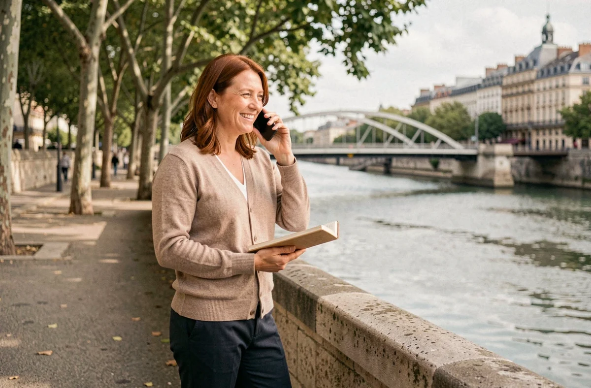 Travailleuse indépendante en portage salarial téléphonant au bord du Rhône à Lyon