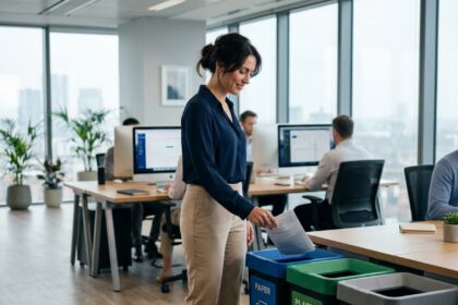 Employée de bureau triant des déchets dans des poubelles colorées et étiquetées dans un open space moderne