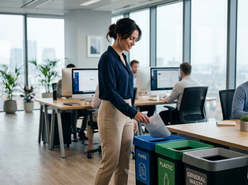Employée de bureau triant des déchets dans des poubelles colorées et étiquetées dans un open space moderne