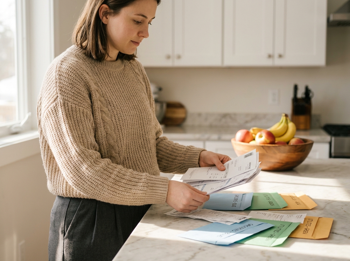 Jeune femme triant des factures et justificatifs avec un système d'enveloppes colorées dans une cuisine moderne