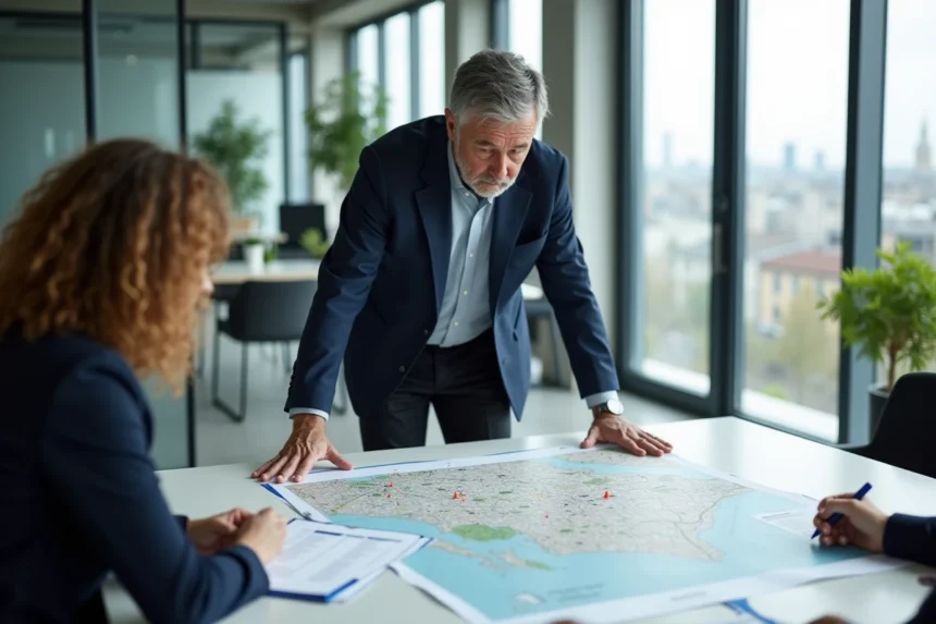 Urbaniste analysant une carte économique régionale lors d'une réunion en open space moderne avec vue sur la ville