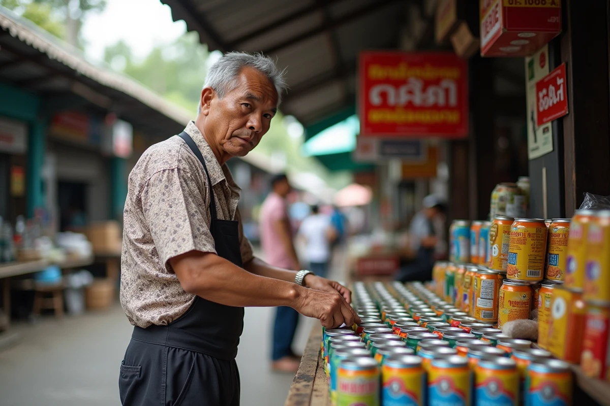Vendeur thaïlandais arrangeant des canettes dans un marché animé