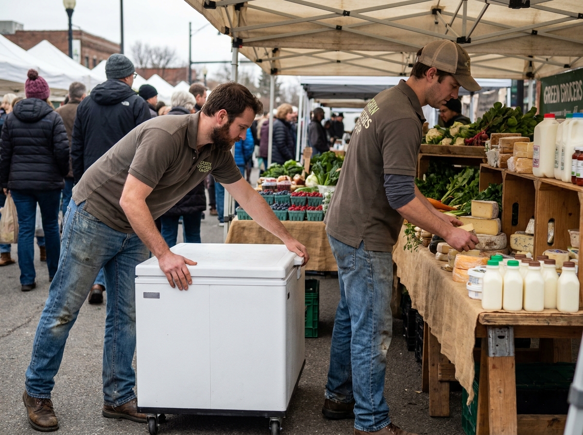 Deux vendeurs de marché positionnant un container frigorifique à roulettes sur un marché alimentaire en plein air