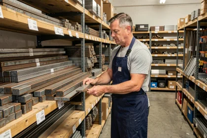 Employé de quincaillerie arrangeant des barres de fer au détail sur des étagères en bois dans un magasin de bricolage