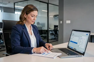 Professionnelle en blazer marine vérifiant des documents d'identification d'entreprise avec numéro D-U-N-S sur un bureau moderne