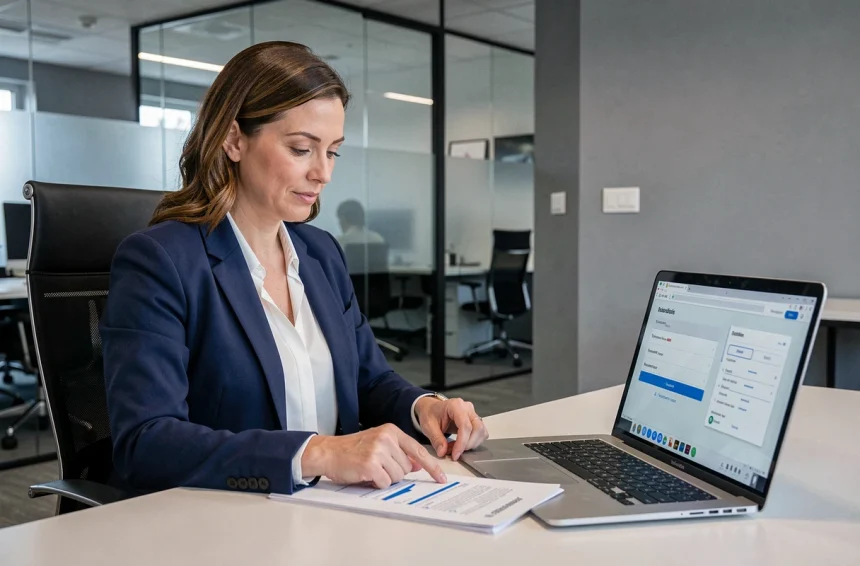 Professionnelle en blazer marine vérifiant des documents d'identification d'entreprise avec numéro D-U-N-S sur un bureau moderne