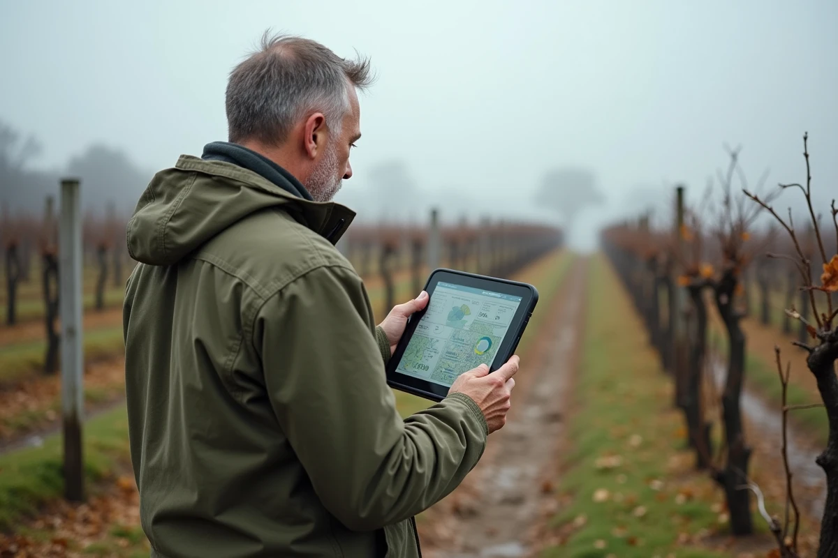 Vigneron champenois consultant un tableau de bord viticole numérique sur tablette entre les rangs de vigne en automne