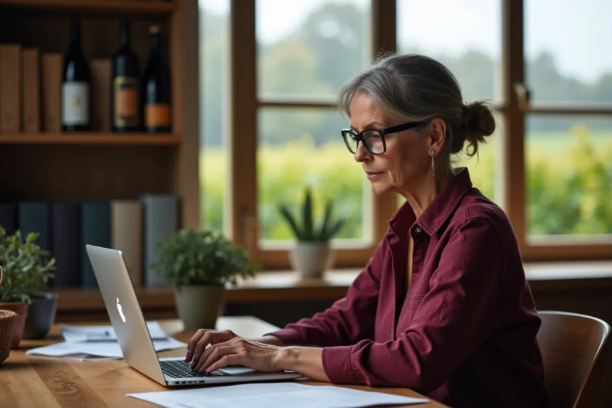 Viticultrice utilisant un extranet professionnel de gestion viticole sur ordinateur portable dans un bureau de domaine champenois