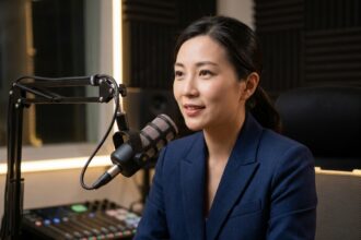 Femme professionnelle chinoise enregistrant une voix off dans un studio acoustique moderne
