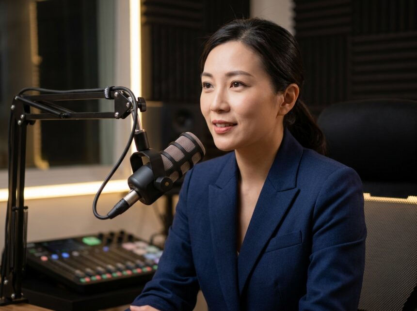 Femme professionnelle chinoise enregistrant une voix off dans un studio acoustique moderne