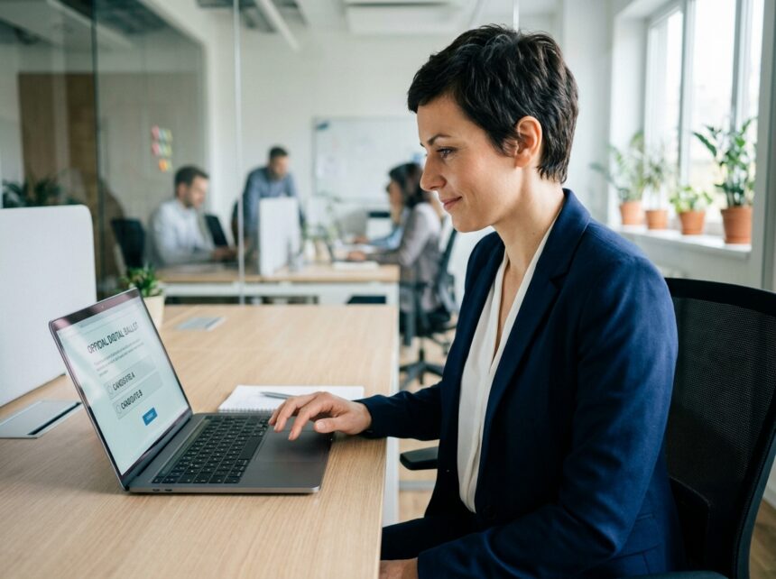 Femme en entreprise votant pour les élections CSE sur un ordinateur portable avec interface de vote électronique