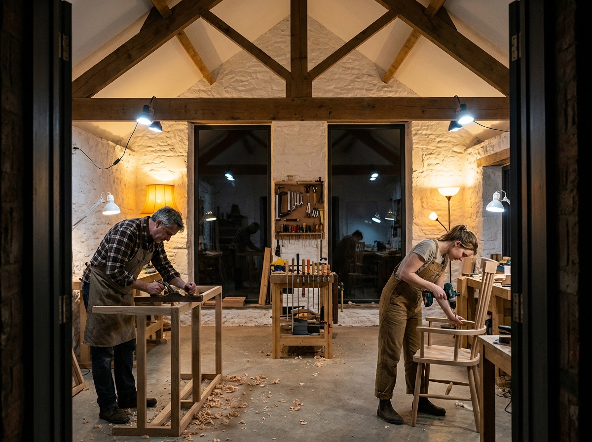 Vue d'ensemble d'un atelier artisanal de nuit avec plusieurs postes de travail équipés d'un éclairage adapté pour limiter la fatigue