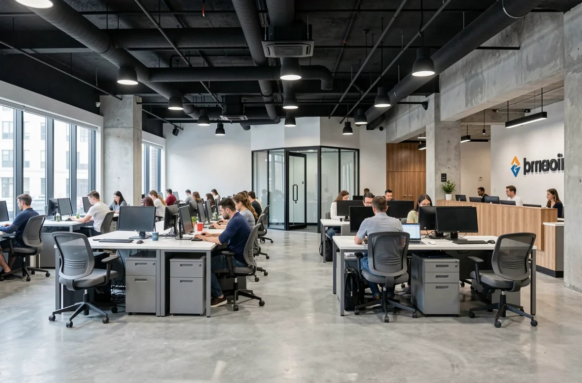 Vue panoramique de l'intérieur de l'espace de coworking Waza avec bureaux, travailleurs indépendants et architecture industrielle moderne