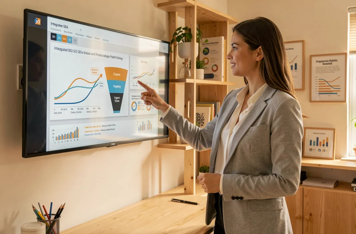 Consultante de l'agence Zesto présentant une stratégie digitale intégrée SEA et SEO sur un écran mural dans un bureau lyonnais